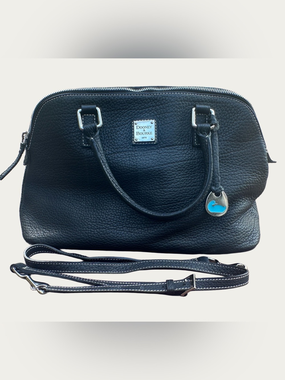 Dooney & Bourke Vintage Black Pebble Leather Dome Satchel with Blue Logo